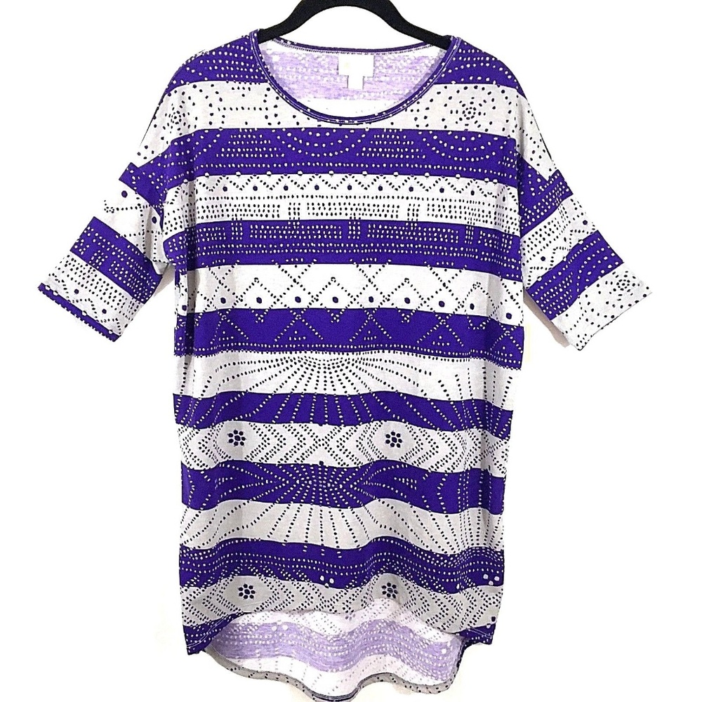 LuLaRoe Irma Tunic Top Size XXS Purple Gray Stripe